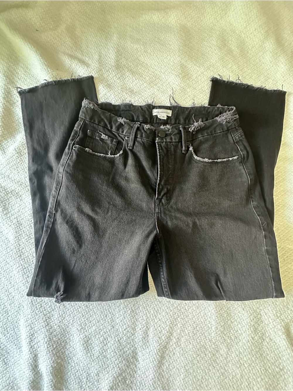 Good American Black Straight-Leg Raw Hem Jeans